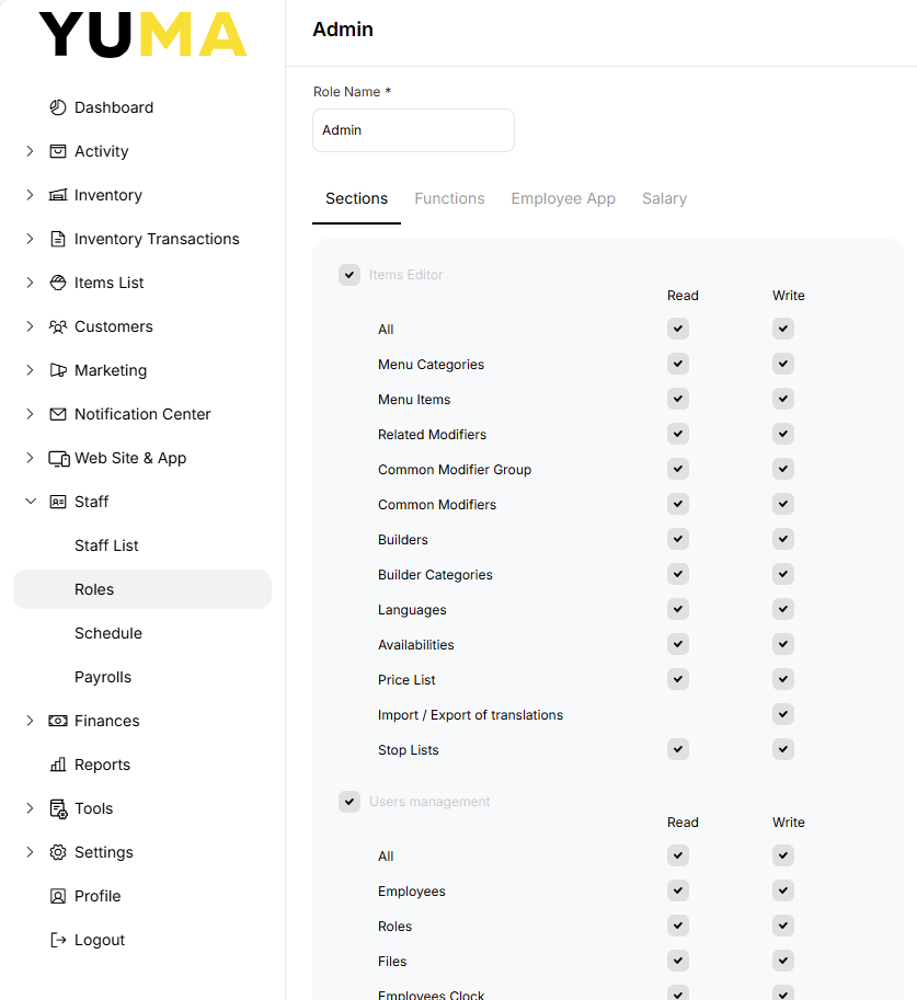 BOM ROLES ADMIN SECTIONS