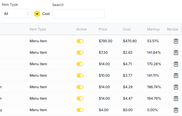 ITEM LIST RECIPE COST TOGGLE