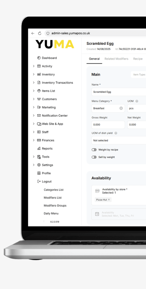 YumaPOS Back Office Menu Bar