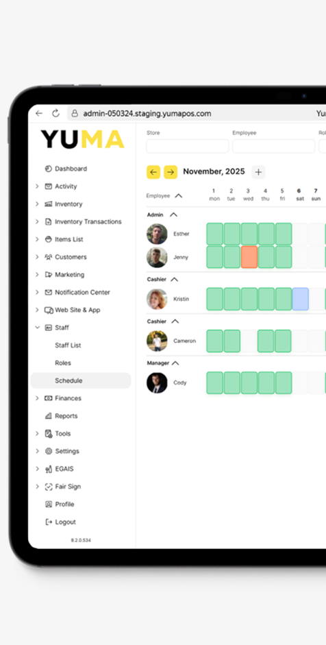 YumaPOS Back Office Staff Rostering