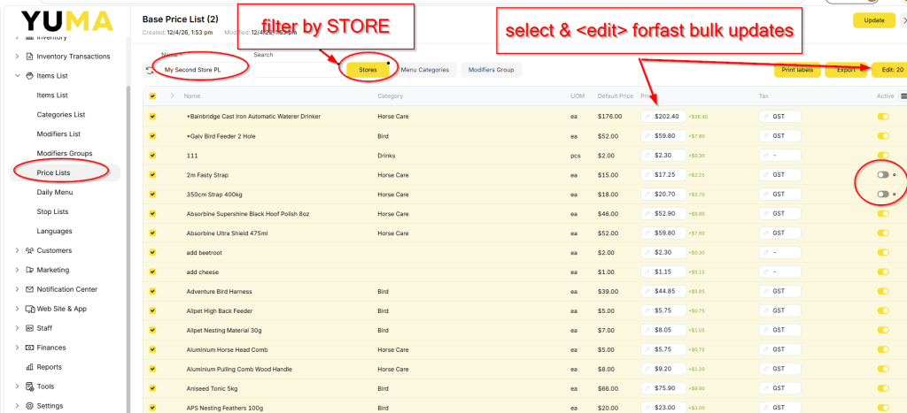 YumaPOS BOM Alter ITEM using PRICELIST