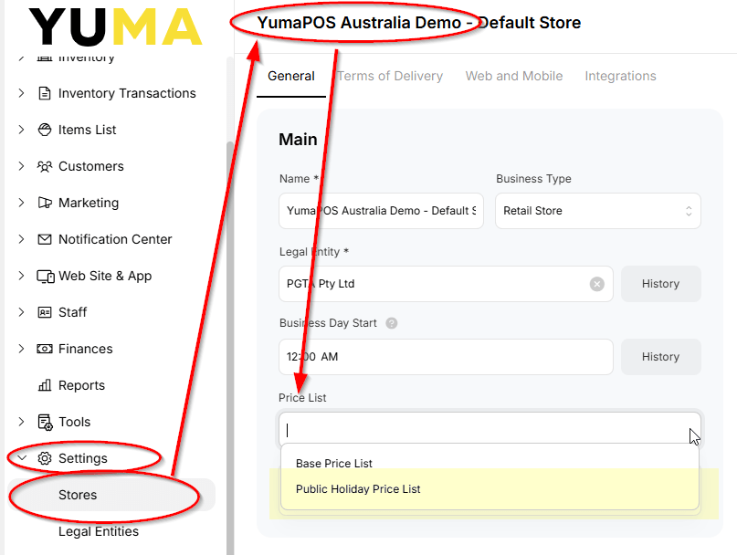 YumaPOS BOM STORE Set a PRICELIST