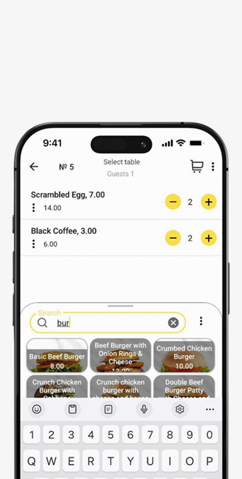 YumaPOS Waiter App Quick Item Search