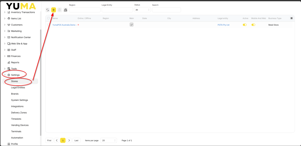YumaPOS Knowledgebase BOM Settings Stores List ADD