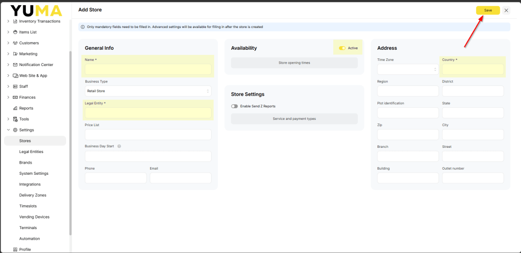 YumaPOS Knowledgebase BOM Settings Stores List ADD SAVE