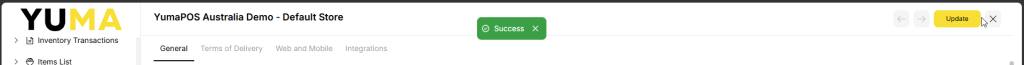 YumaPOS Knowledgebase BOM Settings Stores List ADD SUCCESS