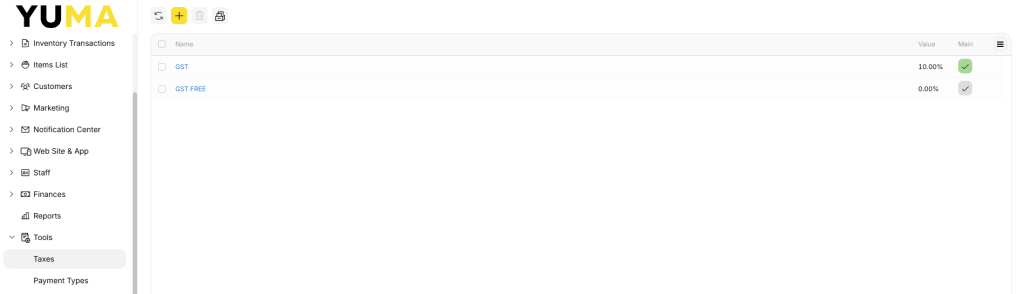 YumaPOS Knowledgebase BOM Tools Taxes List