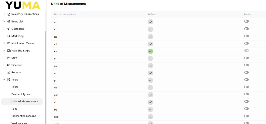 YumaPOS Knowledgebase BOM Tools Taxes Units of Measurement