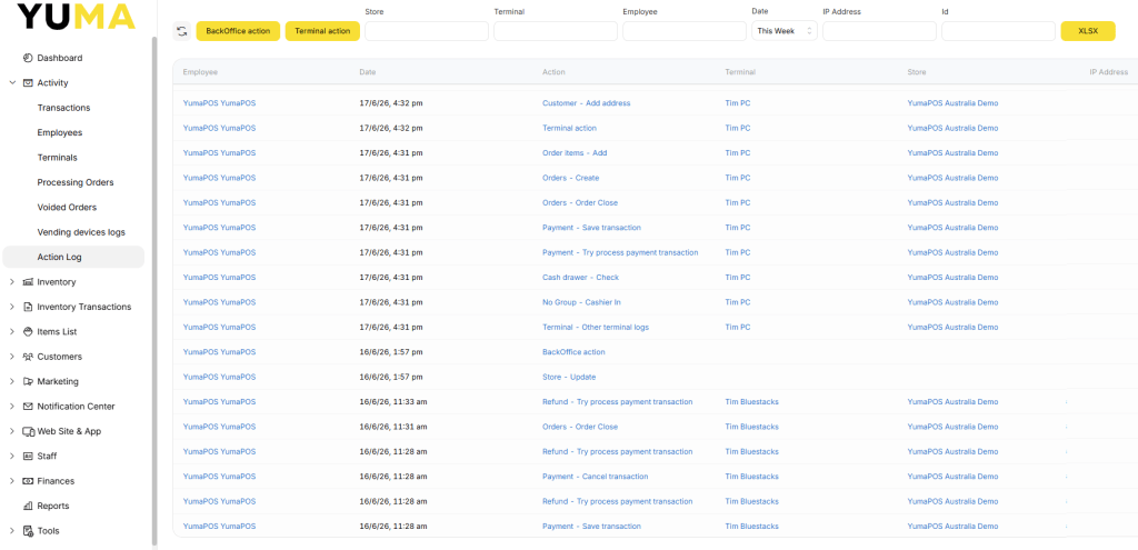 YumaPOS Knowledgebase BOM Activity Action Log