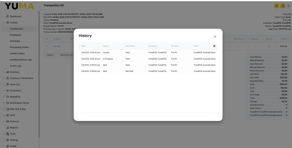 YumaPOS Knowledgebase BOM Activity Transactions Drill Down for Detail View History