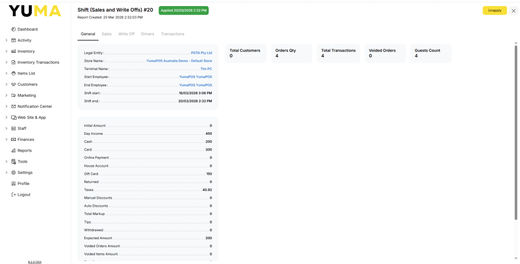 YumaPOS Knowledgebase BOM Activity Transactions Drill Down for Detail View Shift