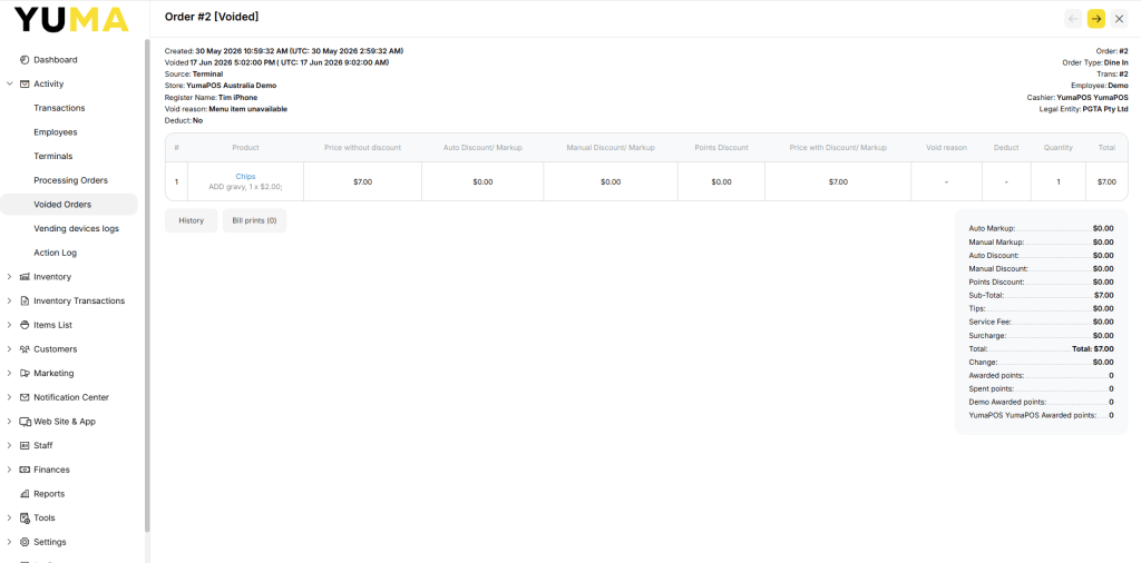 YumaPOS Knowledgebase BOM Activity Voided Orders Transaction Detail