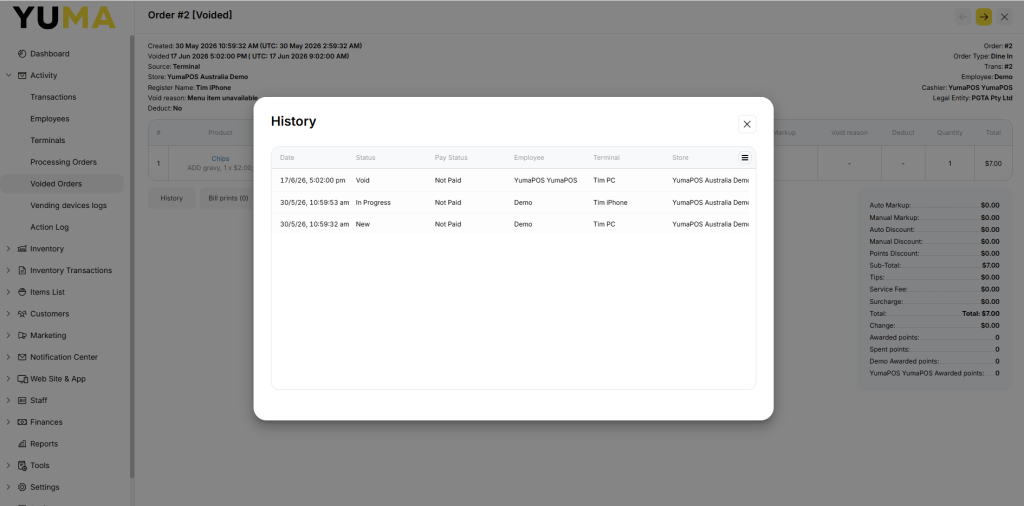 YumaPOS Knowledgebase BOM Activity Voided Orders Transaction History
