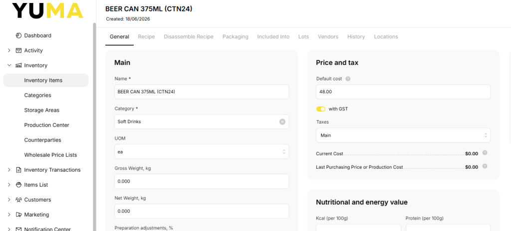 YumaPOS Knowledgebase BOM Inventory Items Price and Tax with Default Cost