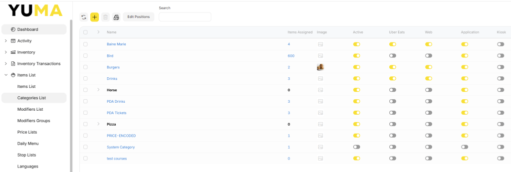 YumaPOS Knowledgebase BOM Items List Categories List
