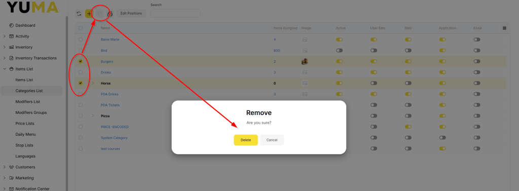 YumaPOS Knowledgebase BOM Items List Categories List Delete Selected Confirmation