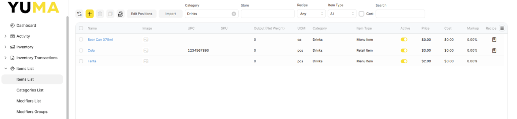 YumaPOS Knowledgebase BOM Items List Items List