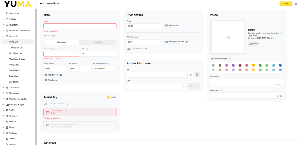 YumaPOS Knowledgebase BOM Items List Items List Add New
