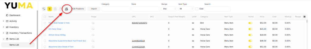 YumaPOS Knowledgebase BOM Items List Menu Item Archive