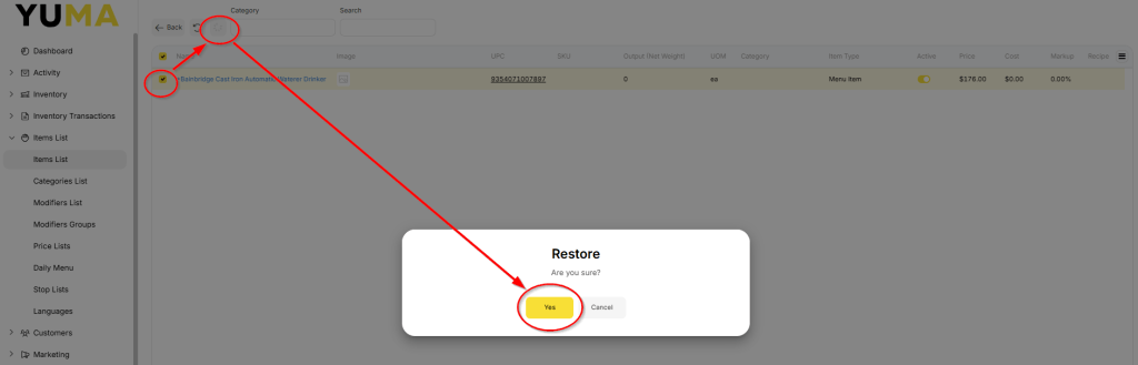 YumaPOS Knowledgebase BOM Items List Menu Item Archive Restore Confirm