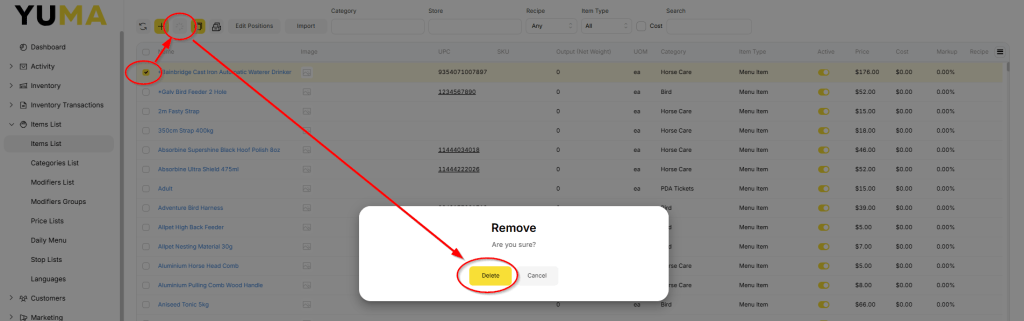 YumaPOS Knowledgebase BOM Items List Menu Item Delete Confirm