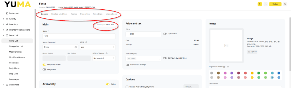 YumaPOS Knowledgebase BOM Items List Menu Item Edit Menu Item