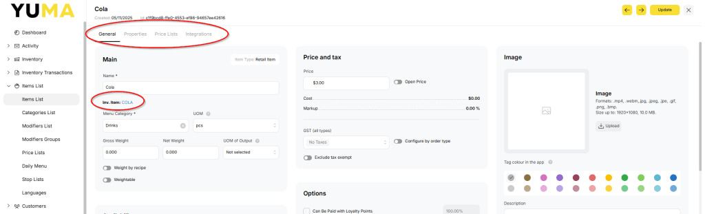 YumaPOS Knowledgebase BOM Items List Menu Item Edit Retail Item