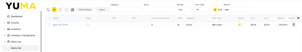 YumaPOS Knowledgebase BOM Items List Menu Item With a Recipe and Cost