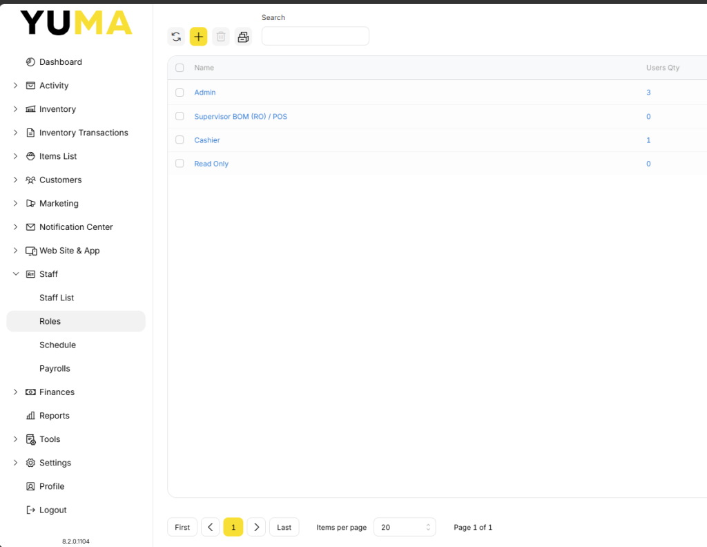 YumaPOS Knowledgebase BOM Staff ROLES List