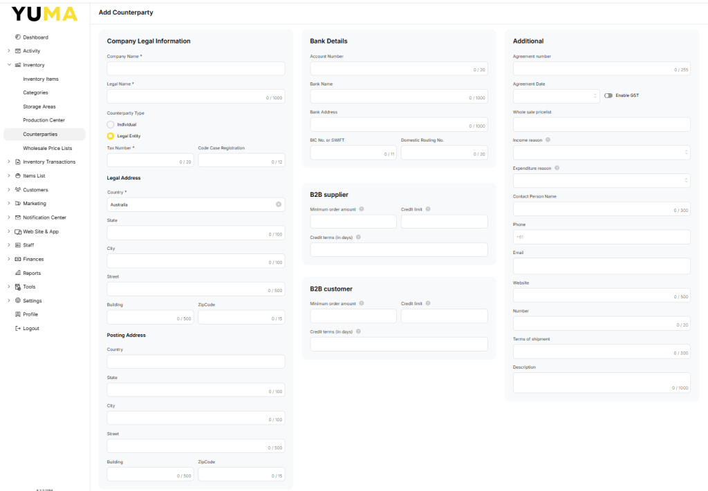 YumaPOS Knowledgebase BOM Inventory Counterparties Add