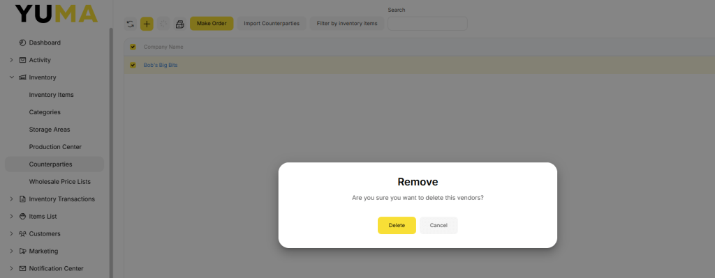 YumaPOS Knowledgebase BOM Inventory Counterparties Delete Confirm