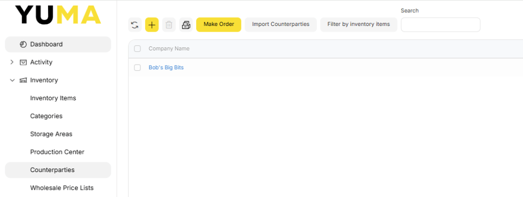 YumaPOS Knowledgebase BOM Inventory Counterparties List
