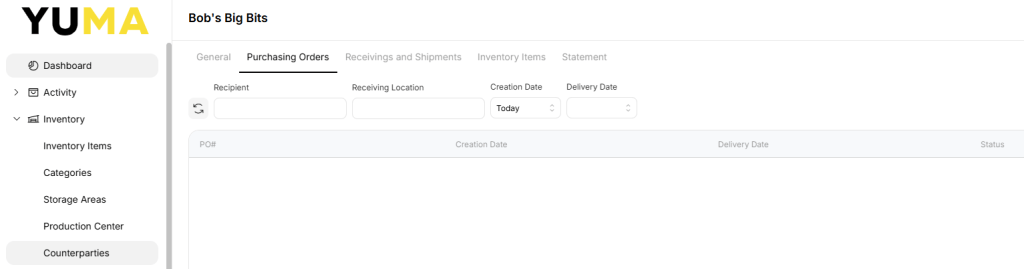 YumaPOS Knowledgebase BOM Inventory Counterparties View Inventory Actions Purchasing Orders