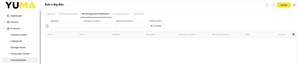 YumaPOS Knowledgebase BOM Inventory Counterparties View Inventory Actions Receivings and Shipments