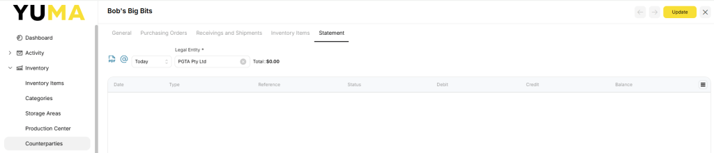 YumaPOS Knowledgebase BOM Inventory Counterparties View Inventory Actions Statement