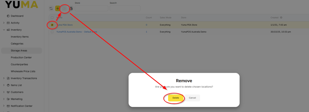 YumaPOS Knowledgebase BOM Inventory Storage Areas Delete Confirm
