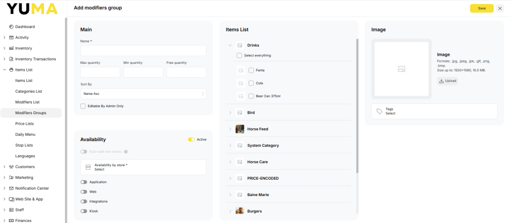 YumaPOS Knowledgebase BOM Items Common Modifier Groups Add