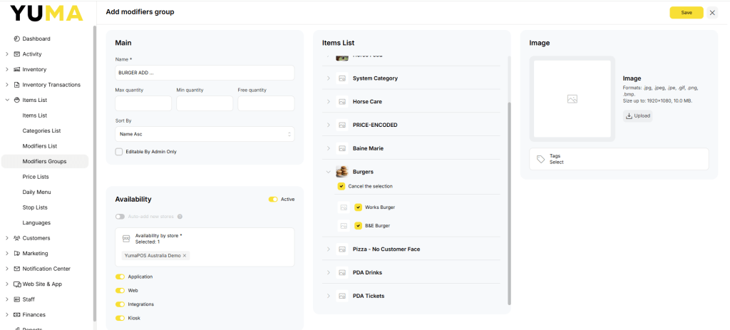 YumaPOS Knowledgebase BOM Items Common Modifier Groups Add Burger Example