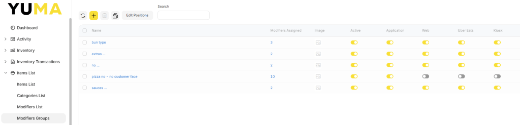 YumaPOS Knowledgebase BOM Items Common Modifier Groups List