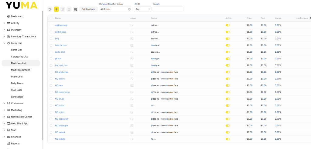 YumaPOS Knowledgebase BOM Items Common Modifier List