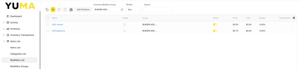 YumaPOS Knowledgebase BOM Items Common Modifier List Filtered by Modifier Group