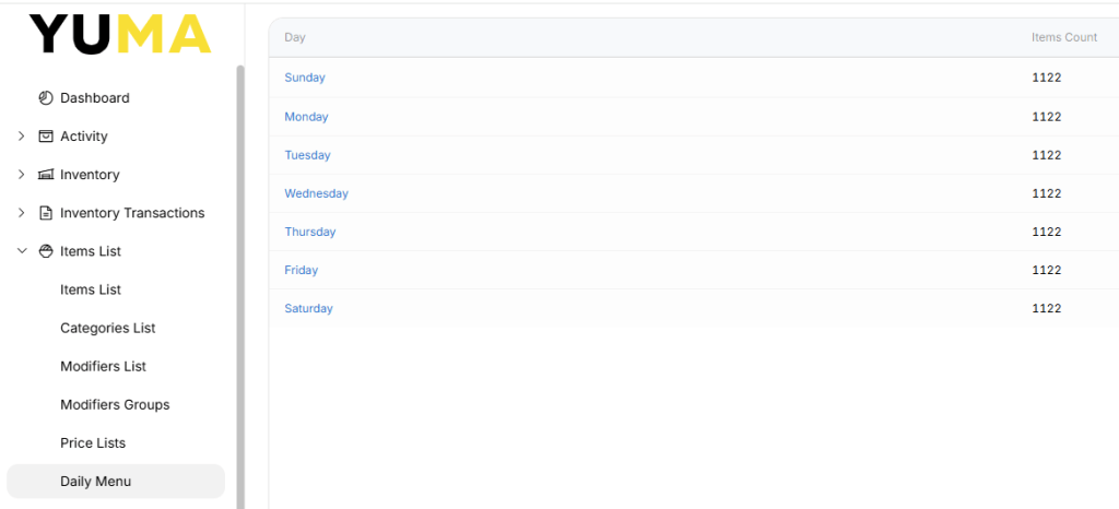 YumaPOS Knowledgebase BOM Items List Daily Menu List
