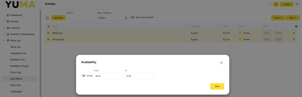 YumaPOS Knowledgebase BOM Items List Daily Menu Sunday List Filtered by Menu Category Change Availability