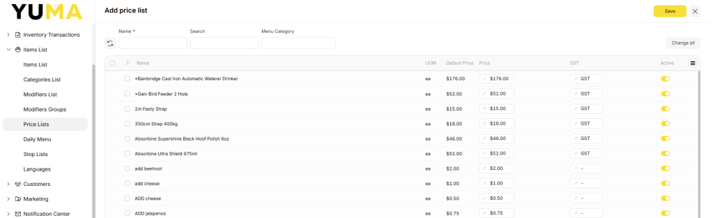 YumaPOS Knowledgebase BOM Items List Price Lists Add New