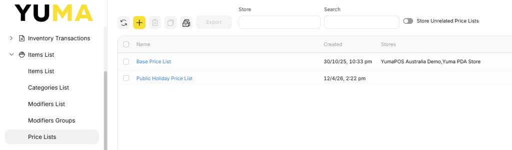 YumaPOS Knowledgebase BOM Items List Price Lists List