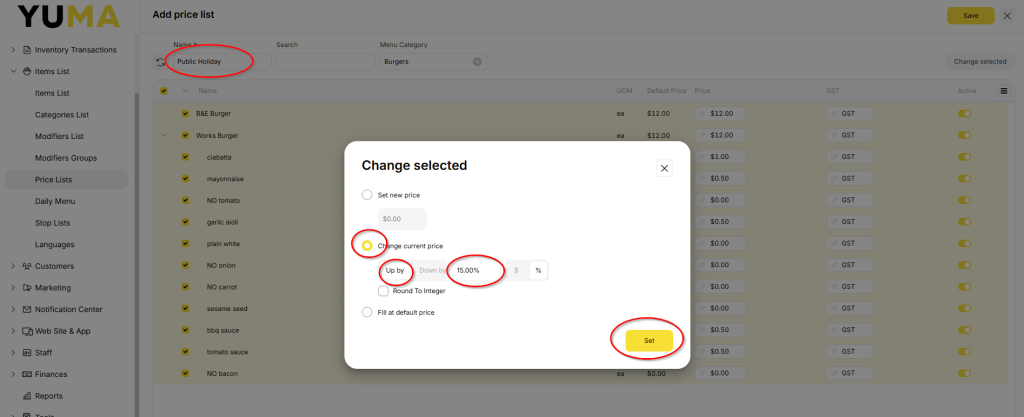 YumaPOS Knowledgebase BOM Items List Price Lists Markup by Percentage