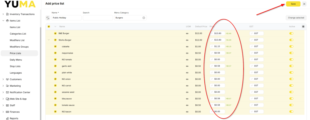 YumaPOS Knowledgebase BOM Items List Price Lists Markup by Percentage Result
