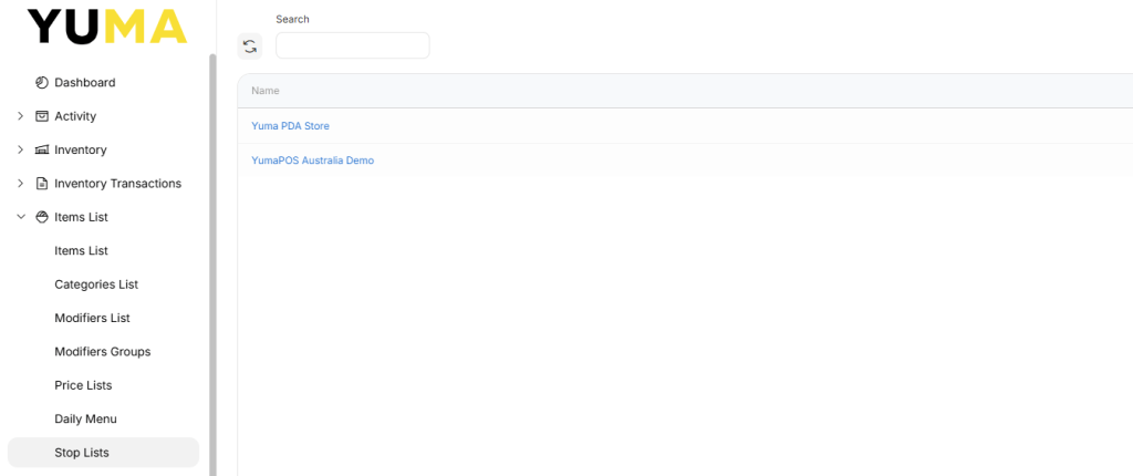 YumaPOS Knowledgebase BOM Items List Stop Lists List