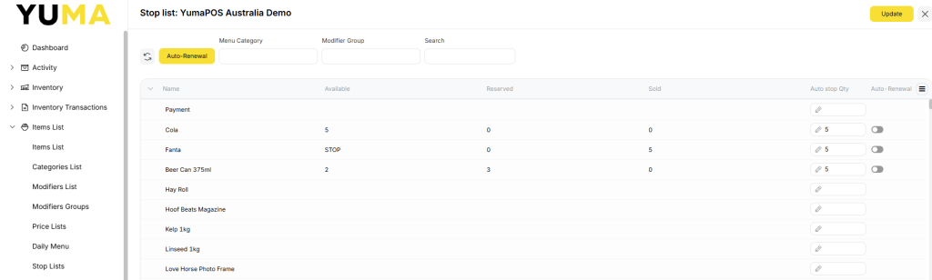 YumaPOS Knowledgebase BOM Items List Stop Lists List for Stores
