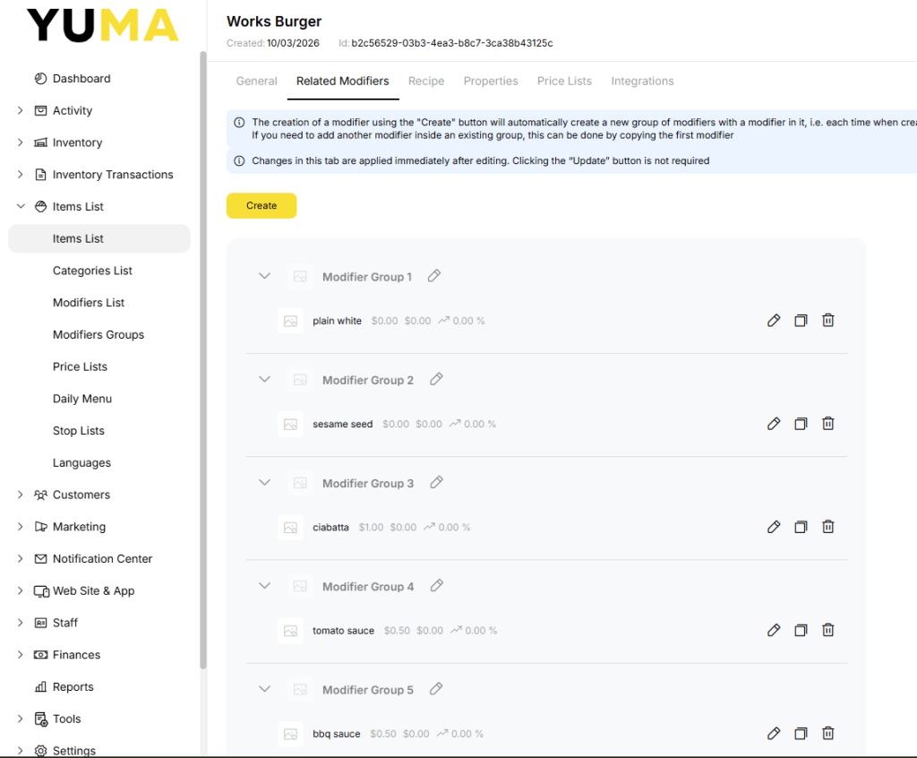 YumaPOS Knowledgebase BOM Items Related Modifier Add Created as Separate Groups